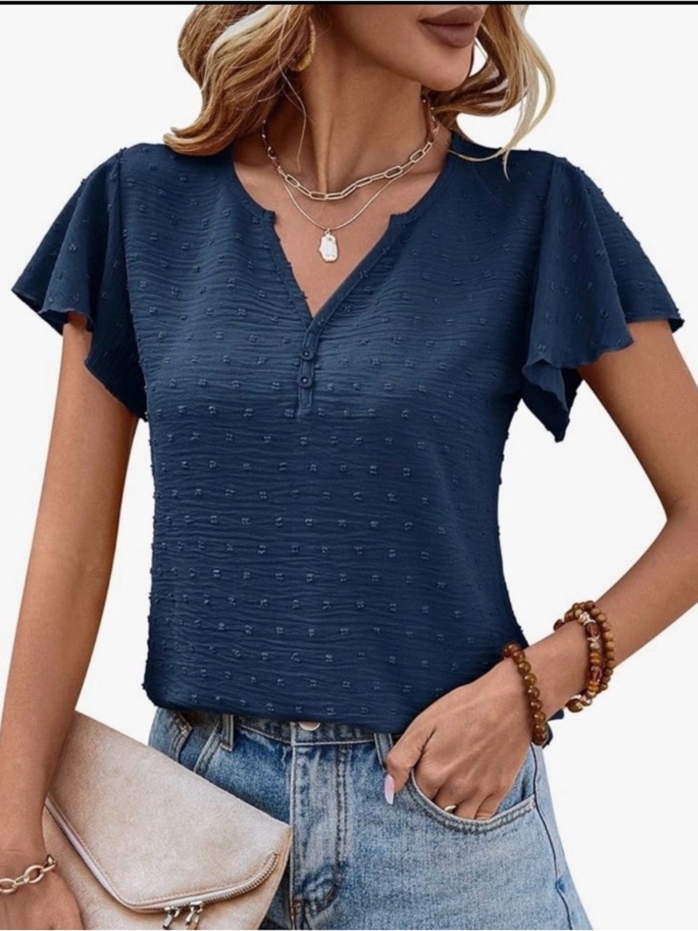 Women's Navy Dot-Texture Flutter Sleeve Top